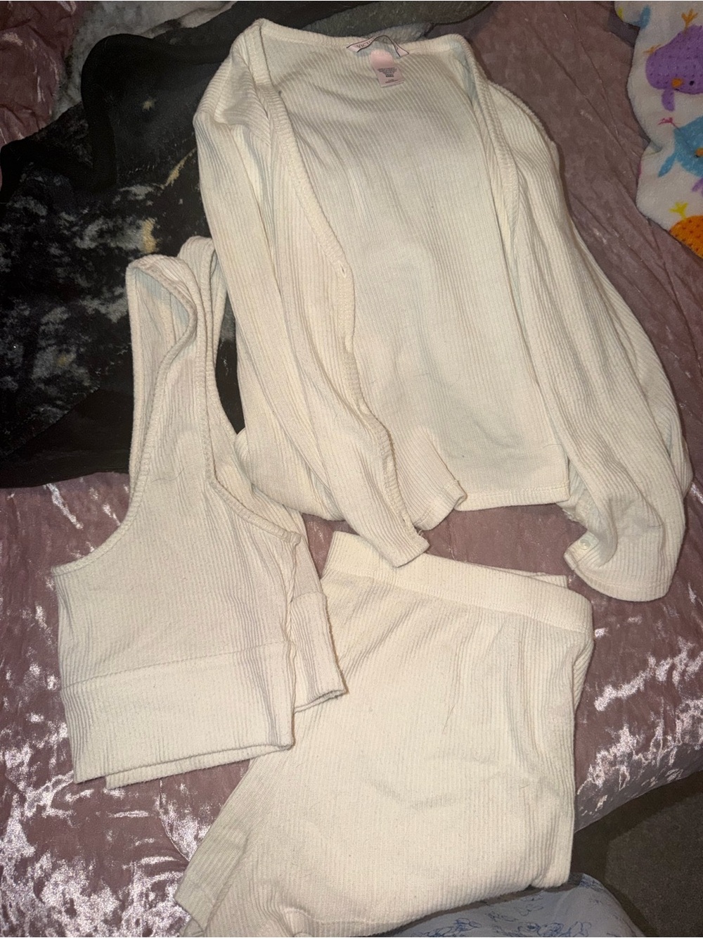 Victoria's Secret Cream Ribbed 3-Piece Lounge Set